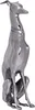 A silver-colored sculpture of a greyhound dog sitting, presented against a white background. Produktbild-Vorschau
