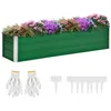 A green metal raised garden bed filled with colorful flowers, accompanied by gardening gloves and plant markers. Produktbild-Vorschau