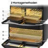 A cutaway view of a dual-zone air fryer showing different configurations for its cavities. Produktbild-Vorschau