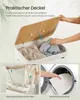 A collage of images showing a laundry basket with a lid, a person removing a laundry bag, and a laundry bag being put into a washing machine. Produktbild-Vorschau