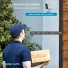 A delivery person holding a package in front of a door, with a security camera mounted on the wall and speech bubbles indicating communication. Náhled obrázku produktu