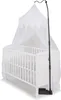 A white baby crib with a white mosquito net canopy and a black stand. Anteprima dell’immagine prodotto