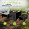 An outdoor furniture set on a wooden deck with plants in the background. Produktbild-Vorschau