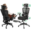 A woman is sitting in an ergonomic office chair with a footrest extended. Another view of the chair shows adjustable features with green arrows indicating movement. Produktbild-Vorschau