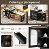 A collage showing a kitchen island in two configurations: extended and retracted, with close-ups of its features. Podgląd zdjęcia produktu