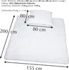 A white duvet and pillow set laid out flat with dimensions indicated by arrows and text. Produktbild-Vorschau