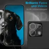 A marketing image showing a phone screen with a dog's face and a close-up of a phone camera lens protector. Produktbild-Vorschau