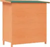 A wooden rabbit hutch with a green roof, shown from the side. Produktbild-Vorschau