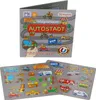 A magnetic game set for children, featuring various vehicles and city elements, displayed with its packaging and loose magnetic pieces. Produktbild-Vorschau