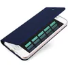 A dark blue flip case for a smartphone is shown open, revealing the phone's screen with a graphic display. Produktbild-Vorschau