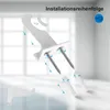 An illustration showing the installation steps for a white radiator bracket, including screws and wall plugs. Produktbild-Vorschau