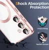 A close-up of a pink phone case with a clear back, showing camera lenses and buttons, with marketing graphics illustrating shock absorption features. Produktbild-Vorschau