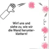 An illustration showing a hand throwing a pink fluffy creature, which then appears to be climbing down a wall. Produktbild-Vorschau