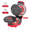 A red waffle maker opened, showing the heating elements and the waffle molds. There are also labels indicating dimensions, weight, and power. Anteprima dell’immagine prodotto