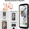 Collage of marketing images for a rugged smartphone, featuring the Android 14 system, AI technology, material design, lock screen clock, and gesture controls, alongside a large image of the phone itself. Produktbild-Vorschau