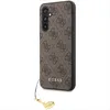 A close-up side view of a brown phone case with a repeating Guess logo pattern and a gold charm attached to a lanyard. Podgląd zdjęcia produktu