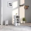A white shoe organizer with shoes and a plant on a wooden floor, next to a white trash can, with a framed picture and a hat rack on the wall. Náhled obrázku produktu