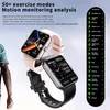 A person's arm is visible on the left, with two smartwatches displayed prominently in the center. The right side of the image features a list of workout modes. Náhled obrázku produktu