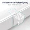 A close-up of a clear plastic mounting clip attached to a white window blind. Produktbild-Vorschau