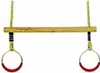 A wooden trapeze bar with two rings hanging from ropes, set against a white background. Anteprima dell’immagine prodotto