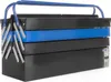 A black metal toolbox with blue accents and a blue handle, shown from a slightly angled front view. Produktbild-Vorschau