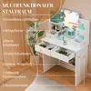 A white vanity table with a mirror and lights, featuring various compartments and drawers, with text overlays highlighting its features. Produktbild-Vorschau