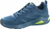 A side view of a blue Skechers sneaker with a yellow accent in the sole. Produktbild-Vorschau