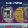 Two Casio vintage watches, one silver and one gold, are displayed on a grid-like background with futuristic graphics. Produktbild-Vorschau