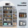 A gray kitchen cabinet filled with various food items and kitchenware, with overlay text highlighting its storage capacity. Anteprima dell’immagine prodotto