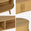 A collage of four close-up shots of a wooden coffee table, showcasing its design details. Produktbild-Vorschau