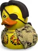 A yellow rubber duck with a pirate eye patch, dark hair, and a snakeskin-patterned coat. Podgląd zdjęcia produktu