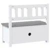 A white wooden toy bench with a gray lid and a slatted backrest, shown from the front. Produktbild-Vorschau