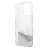 A clear, side-view of a transparent iPhone case with silver glitter and a cat silhouette inside. Produktbild-Vorschau