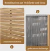 A split image showing details of outdoor furniture. The left side shows a close-up of wooden slats, labeled 'Akazienholzrahmen' (Acacia wood frame) and marked with '1'. The right side shows a close-up of gray rope weaving, labeled 'geflochtenes Seildesign' Voir les images du produit