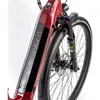 Close-up view of the front of a red electric bicycle, focusing on the battery pack and front wheel. Produktbild-Vorschau