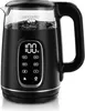 A black electric kettle with a glass body is shown against a white background. The kettle has a digital display showing the temperature and various control buttons. Produktbild-Vorschau