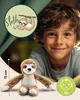 A young boy is smiling next to a plush sloth toy, with a graphic of a sloth and the word 'Sloth' in the background. Produktbild-Vorschau