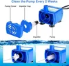 Diagram showing how to clean a blue water pump for a pet fountain, with labels and close-up views of the cleaning process. Produktbild-Vorschau
