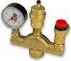 A brass pressure relief valve assembly with a pressure gauge and a red cap on a white background. Anteprima dell’immagine prodotto