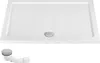 A white shower tray and a separate drain assembly are shown against a white background. Produktbild-Vorschau