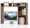 A rustic brown desk organizer with shelves and a computer monitor.