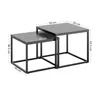 Two nesting square coffee tables with metal frames, shown with dimensions indicated. Voir les images du produit
