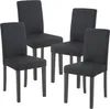 Four dark gray upholstered dining chairs with dark wooden legs are arranged on a white background.