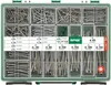 A green plastic toolbox filled with various sizes of screws, organized into compartments. A label with product information and the SPAX logo is visible. Podgląd zdjęcia produktu