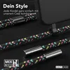 A close-up of a phone case with a braided lanyard attached, showcasing different colors and metallic accents. Produktbild-Vorschau