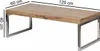 A rectangular wooden coffee table with metal legs, shown from a side angle with dimensions indicated by text overlays. Produktbild-Vorschau