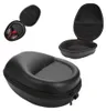 Three views of a black headphone case, one open with headphones inside, one open and empty, and one closed. Náhled obrázku produktu