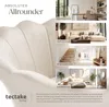 A collage of images showing a cream-colored armchair and various room settings where it could be placed. Produktbild-Vorschau