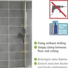 A corner shower shelf unit is shown against a tiled wall, with marketing text and icons on the right side. Podgląd zdjęcia produktu