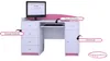 A child's desk with a computer monitor, keyboard, and drawers, featuring labels pointing out its features. Produktbild-Vorschau